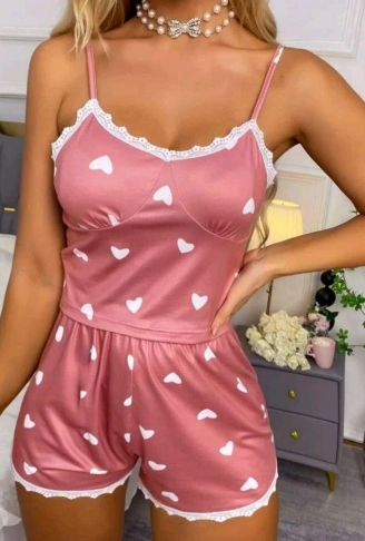 Kadın Pudra Kalp Desenli Seksi Gecelik Takım 5019