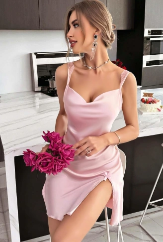 Kadın Saten Askılı Dantel Detaylı Gecelik - Pudra Pembe 2224