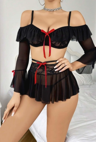 Kadın Siyah Etek Bustiyer Sexy Gecelik Takım 2157