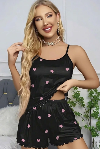 Kadın Siyah Kalp Desenli Askılı Şortlu Gecelik Takım 5018