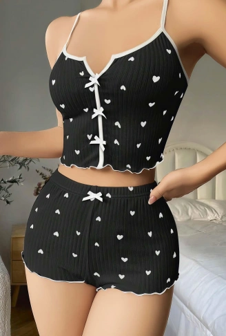 Kadın Siyah Kalp Desenli Askılı Şortlu Pijama Takım 5008