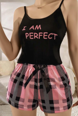 Kadın Siyah Kare Desenli Askılı Şortlu Pijama Takım 5012