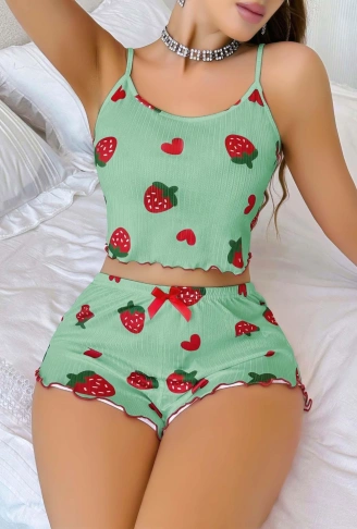Kadın Yeşil Çilek desenli Şortlu Pijama Takımı 5060