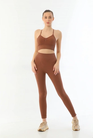KAHVE MI Emay 3921 Soft Seamless Ripli Tayt Yoga Takımı