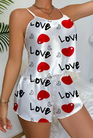 Love Desenli  Saten Şortlu Gecelik