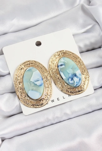 Pirinç Mermer Desenlli Mavi Sedef Oval Vintage Model Gold Renk Kadın Küpe