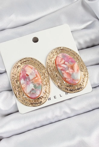 Pirinç Mermer Desenlli Pembe Sedef Oval Vintage Model Gold Renk Kadın Küpe