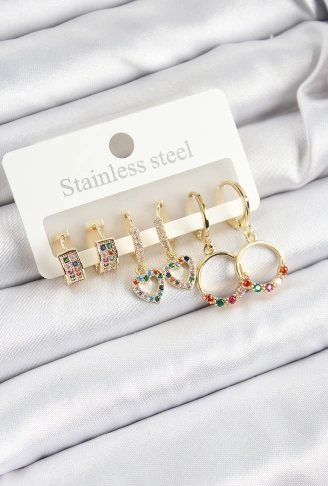 Pirinç Zirkon Taşlı Kalp Ve Halka Model Gold Renk 6lı Set Kadın Küpe