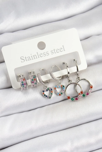 Pirinç Zirkon Taşlı Kalp Ve Halka Model Gold Renk 6lı Set Kadın Küpe