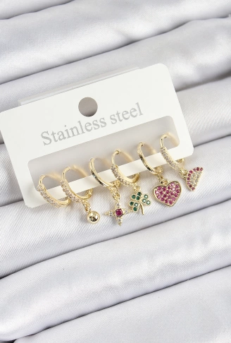 Pirinç Zirkon Taşlı Karpuz Yonca Kalp Pusula Karışık Model Gold Renk 6lı Set Kadın Küpe