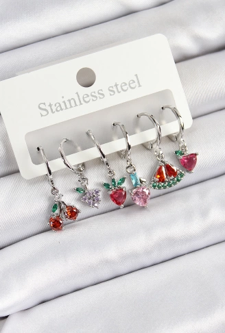 Pirinç Zirkon Taşlı Karpuz Yonca Kalp Pusula Karışık Model Gümüş Renk 6lı Set Kadın Küpe