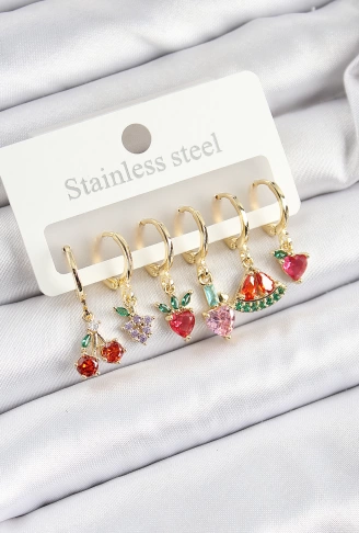 Pirinç Zirkon Taşlı Meyve Temalı Karışık Model Gold Renk 6lı Set Kadın Küpe