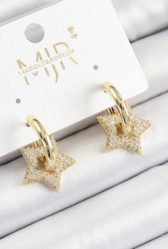 Pirinç Zirkon Taşlı Yıldız Figürlü Halka Model Gold Renk Kadın Küpe