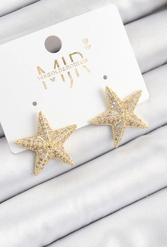 Pirinç Zirkon Taşlı Yıldız Model Gold Renk Kadın Küpe