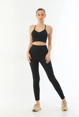 SİYAH MI Emay 3921 Soft Seamless Ripli Tayt Yoga Takımı