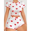 Kadın Beyaz kırmızı kalp Desenli şortlu Gecelik Takım 5023
