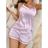 Kadın Beyaz pembe Çizgili Saten Şort Pijama Takımı 2237