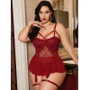 Kadın Bordo Dantelli Transparan Büyük Beden Fantezi Gecelik Takımı 8002