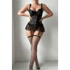 Kadın Siyah Lame Deri Fantezi Kostüm Elbise Seksi Gece Fantezi Kostüm 9002