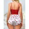 Kadın Kırmızı Kalp Desenli Şort Askılı Dantel Üst Pijama Takımı 2218
