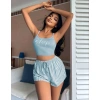 Kadın Mavi Çizgili Desenli Askılı Şortlu Pijama Takım 5001