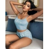 Kadın Mavi Çizgili Desenli Askılı Şortlu Pijama Takım 5001