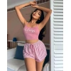 Kadın pembe çizgili desen Askılı Şortlu Pijama Takım 5002