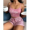 Kadın pembe çizgili desen Askılı Şortlu Pijama Takım 5002