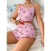 Kadın Pembe Kiraz Desenli Askılı Şortlu Pijama Takım 5044