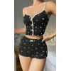Kadın Siyah Kalp Desenli Askılı Şortlu Pijama Takım 5008