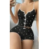 Kadın Siyah Kalp Desenli Askılı Şortlu Pijama Takım 5008