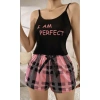 Kadın Siyah Kare Desenli Askılı Şortlu Pijama Takım 5012