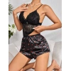Kadın Siyah Kırmızı Kalp Desenli Saten Şort Pijama Takımı 2232