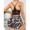 Kadın Siyah Leopar desenli Dantel detaylı Şortlu Gecelik Pijama Takımı 5055