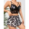 Kadın Siyah Leopar desenli Dantel detaylı Şortlu Gecelik Pijama Takımı 5055