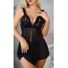 Siyah Kadın Fantezi Gecelik Tül Askı ve Göğüs Fırfır Detaylı 2110