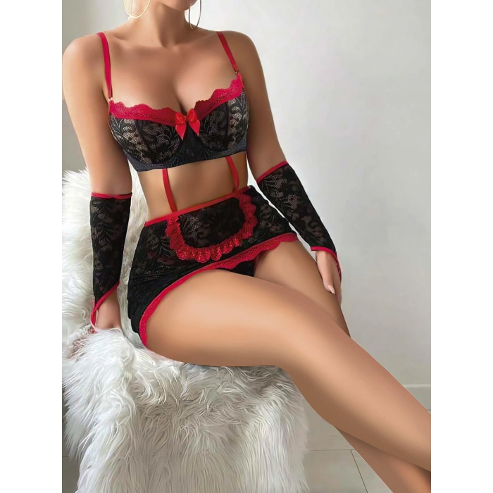 5 parça Kırmızı Siyah Dantel Çiçek Desen Hizmetçi Model Özel Fantezi Tanga Hediyeli 2043