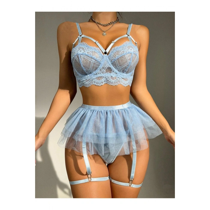 Bebe Mavi Bel Tüllü Kadın Seksi Fantezi Jartiyer Takım 2059