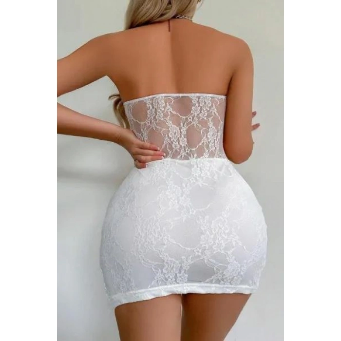 Beyaz Dantel İşlemeli Göğüs Dekolteli Seksi 5081