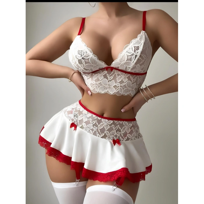 Beyaz Etekli Kırmızı Dantelli Fantezi Kostüm 2058