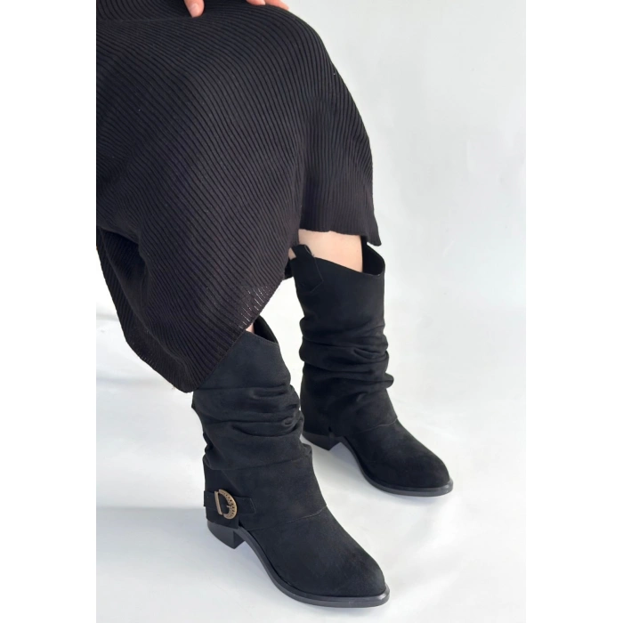 Canty Siyah Süet Körüklü Topuklu Çizme