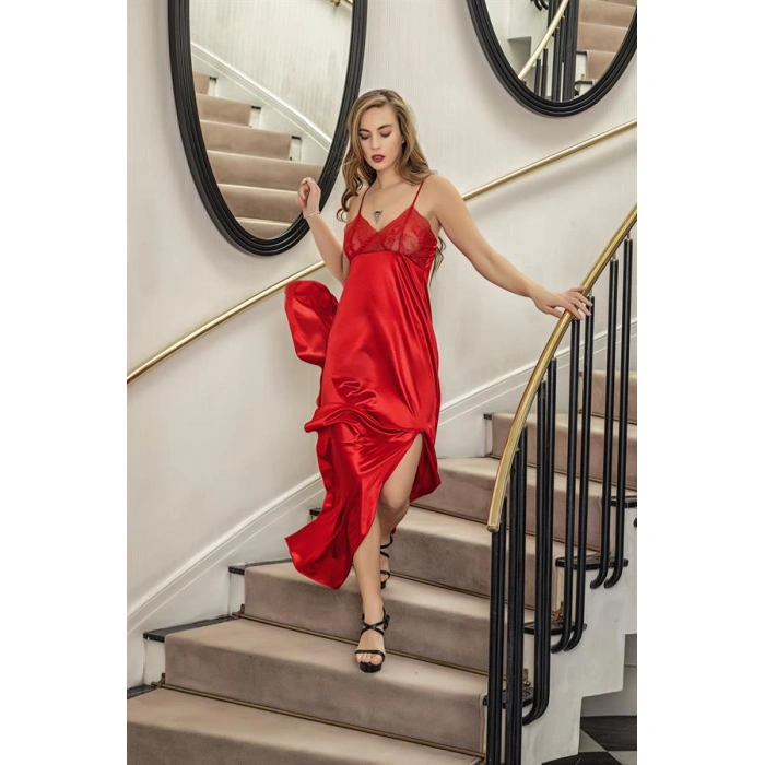 DANTELLİ UZUN YIRTMAÇLI SATEN GECELİK ELBİSE STRİNG TAKIM KIRMIZI (MGP31512)