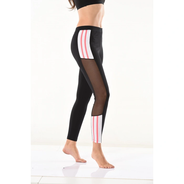 Derya Kurşun Transparan Detaylı Şeritli Kadın Tayt 0584