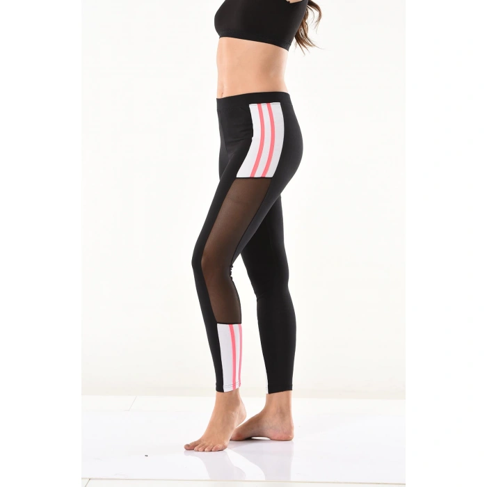 Derya Kurşun Transparan Detaylı Şeritli Kadın Tayt 0584