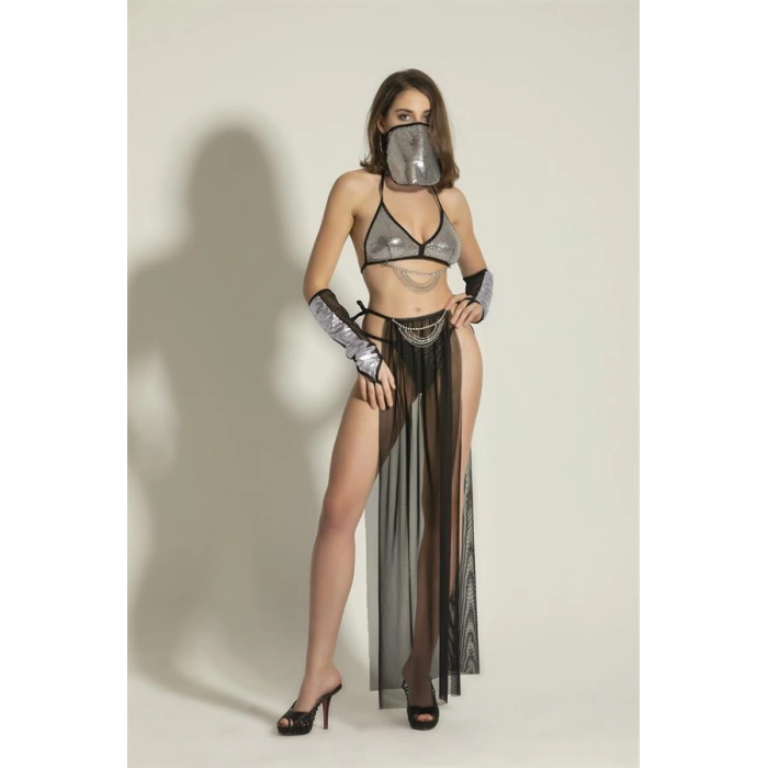 FANTEZİ DANSÖZ KOSTÜMÜ SİYAH/GÜMÜŞ (MGP6456)