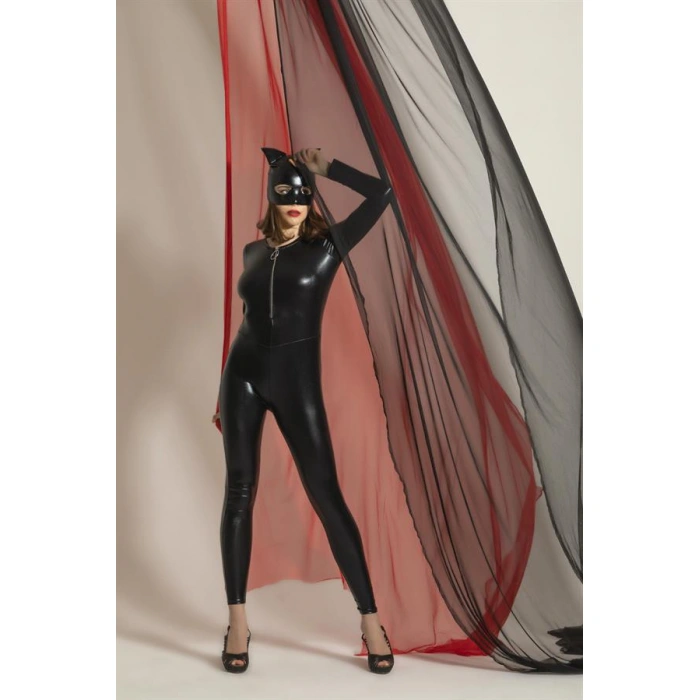 FANTEZİ DERİ KEDİ KIZ KOSTÜMÜ SİYAH (MGP6330)