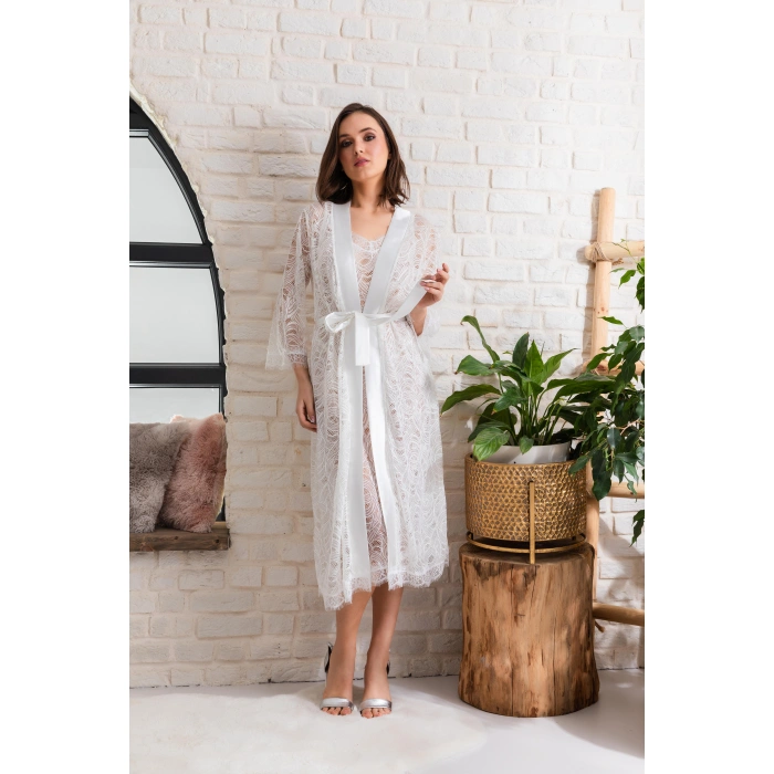 GELİN SET TRANSPARAN MİDİ BOY KUŞAKLI SABAHLIK EKRU (MGP12176)