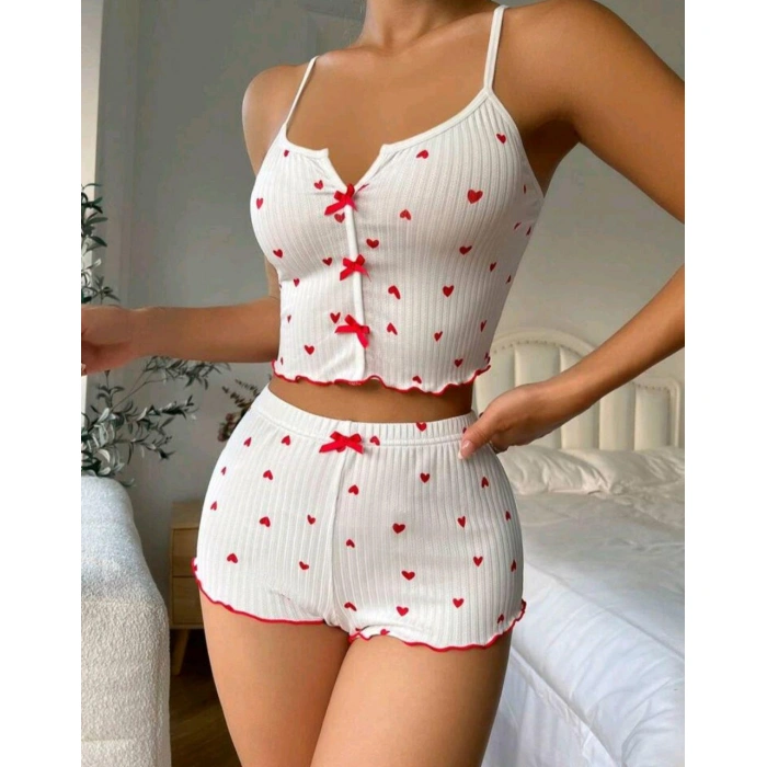 Kadın Beyaz Fiyonk Desenli Seksi Gecelik Takım 5007