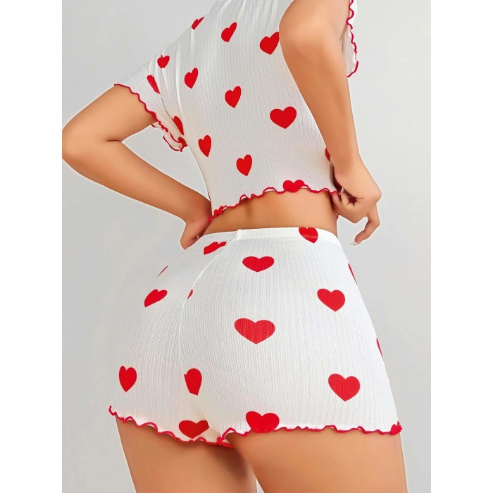 Kadın Beyaz kırmızı kalp Desenli şortlu Gecelik Takım 5023