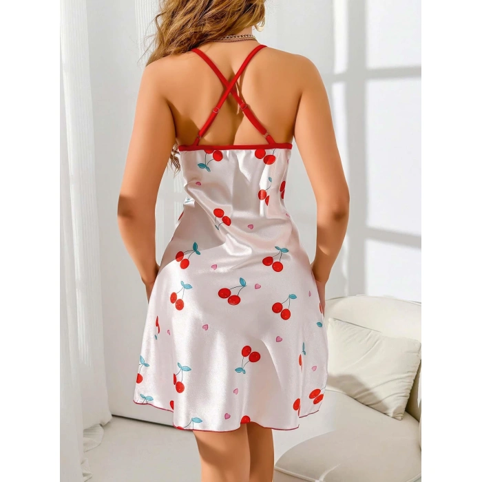 Kadın Beyaz Kırmızı kiraz Desenli saten Gecelik 2230